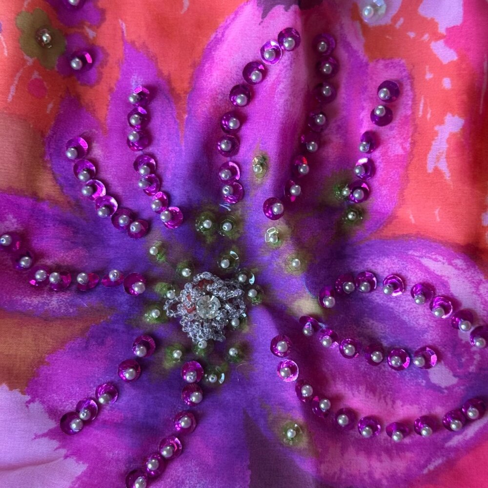 Miss Elliette California Hand-Beaded Floral Crop Blouse Sheer Sleeves Vtg 60s - Picture 15 of 16